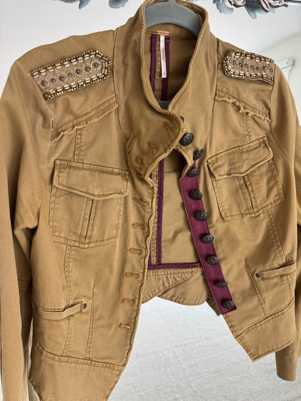 Free People Tan Military-Style Utility Jacket with Plum Trim
